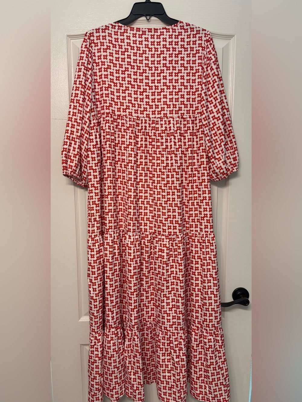 Cezele Boho Maxi Dress Medium Red White Geometric Print Tassel Tie Tiered - Picture 4 of 5